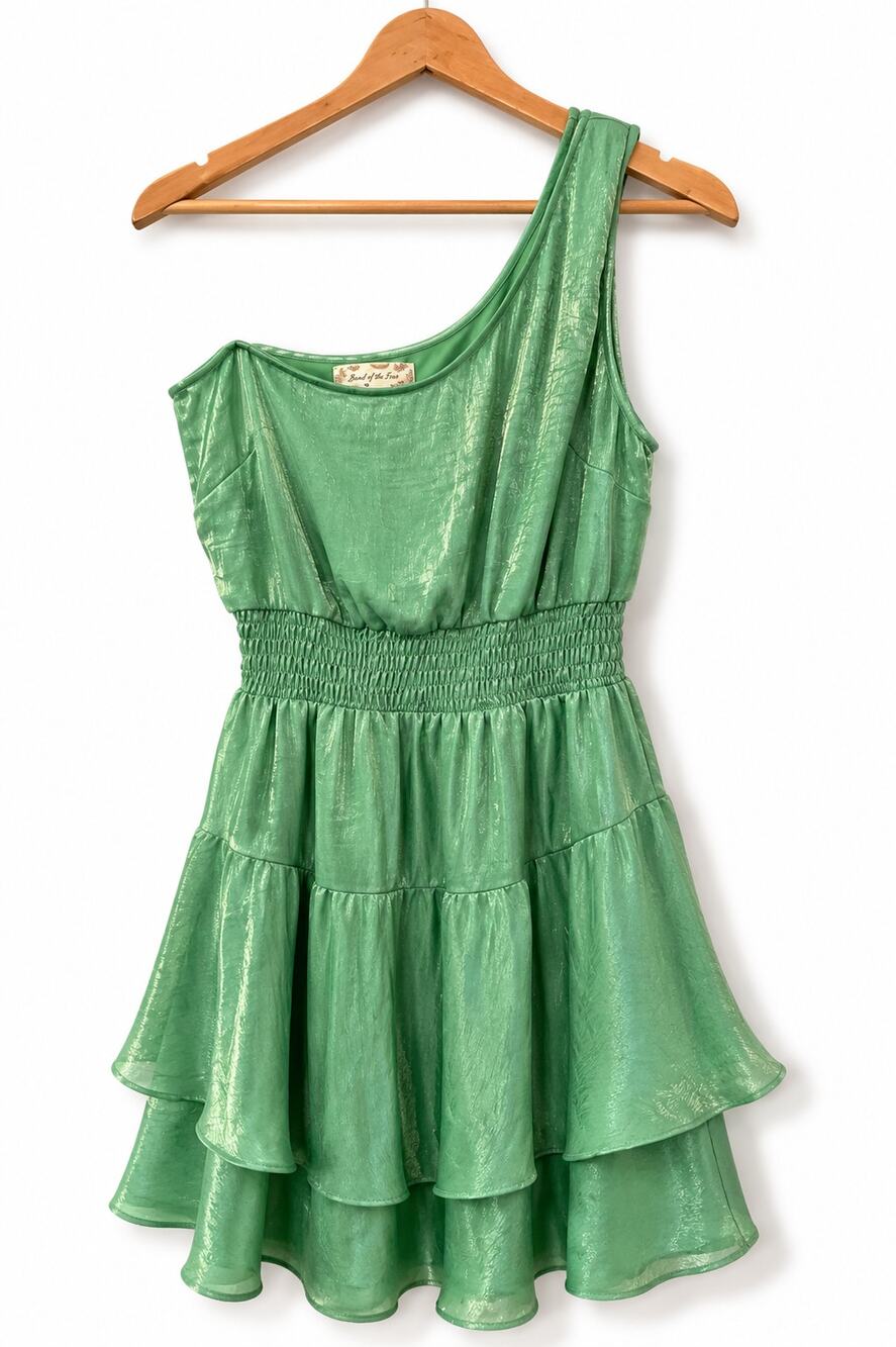 NWOT Band of the Free One Shoulder Shimmer Dress Green Tiered Mini Boho, S